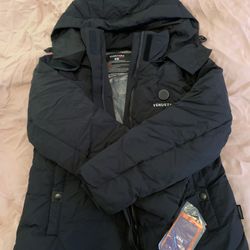 Women’s M heated down jacket with battery pack—new with tags