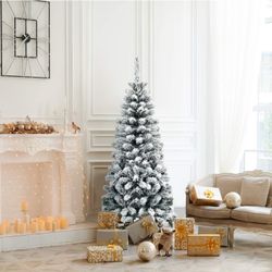 5.5ft Artificial Snow Flocked Christmas Tree, Unlit Pencil Hinged Pine Tree with Metal Stand, Slim Xmas Snowy Tree for Indoor and Outdoor Use