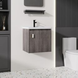 20'' Wall Mounted Floating Small Bathroom Vanity with Ceramic Sink, Grey Walnut