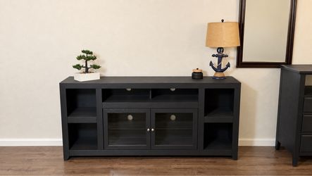 Large 75” Charcoal TV Stand with Glass Doors — $200 OBO