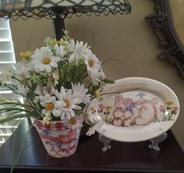 Bunny Plate With Stand And Bunny Pot With Flowers