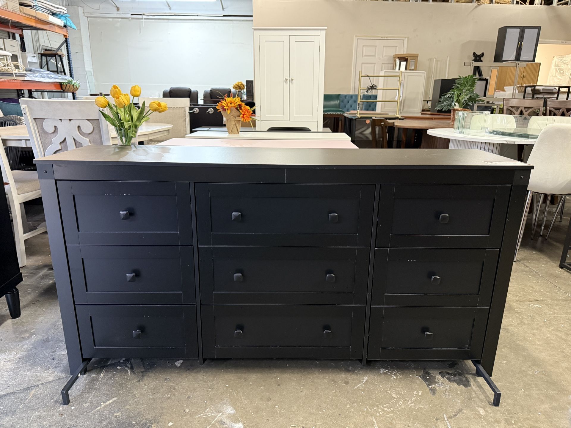 Farmhouse Dresser for Bedroom, 63" Wide 9 Drawer Dresser Storage Organizer, Wood Chest of Drawers for Bedroom, TV Stand for 70 inch TV, for Living Roo