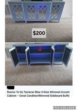 Rooms To Go Tameran Blue 4-Door Mirrored Accent Cabinet
