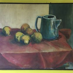 Fruits And Kettle On Kitchen Table Painting Signed And Framed