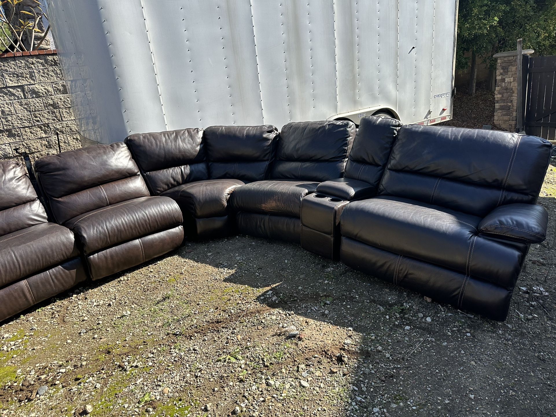 Brown Leather Sectional With Three Recliners