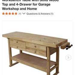 Huluwat 60 in. W × 20 in. D Yellow Workbench Table with Solid Wood Top and 4-Drawer for Garage Workshop and Home