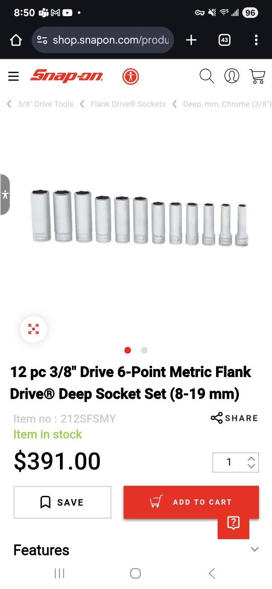 Snap-on 12 pc 3/8" Drive 6-Point Metric Flank Drive Deep Socket Set (8-19 mm) 212SFSMY