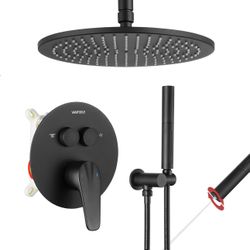 10 Inches Rainfall Shower Head Matte Black Shower Faucet Set, Ceiling Mounted Push Button Diverter Shower Fixtures with 2 in 1 Handheld