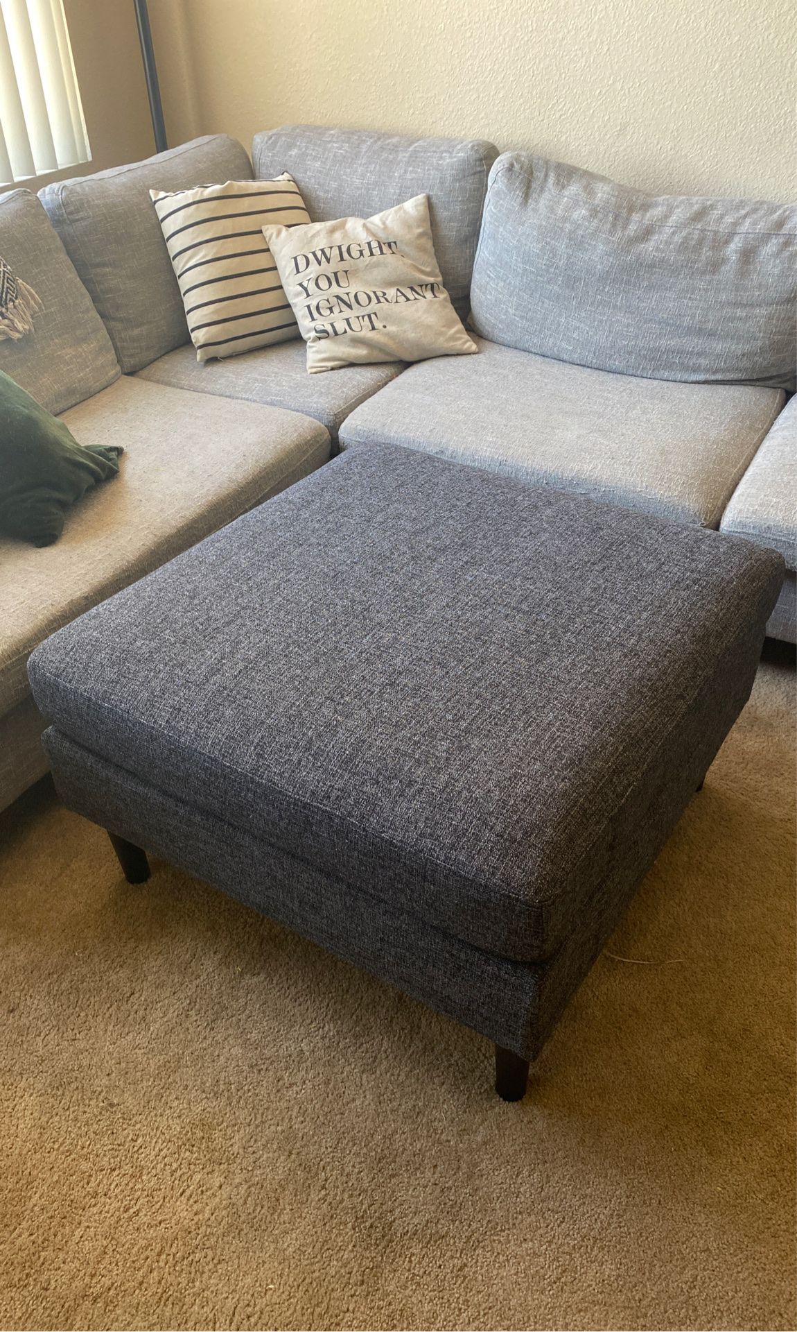 Charcoal gray wooden leg brand new ottoman