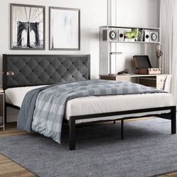 Queen Size Metal Bed Frame with Upholstered Headboard, Dark Grey