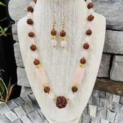 Rose Quartz and Rudraksha Necklace And Earrings Set