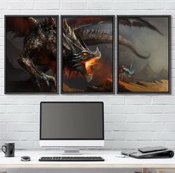 3 Piece Canvas Print Wall Art Set Large Fire Dragon vs Knight Fantasy Myth