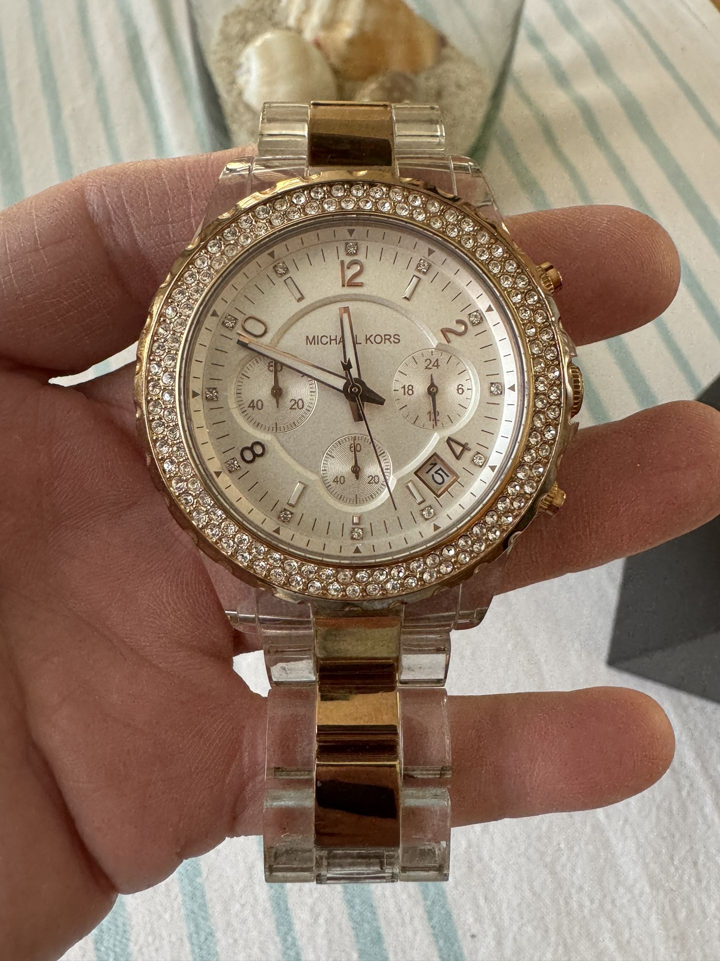 Michael Kors Watch. Clear Lucite and Swarovski Crystals. Includes Free Lifetime Battery Replacement At Fast Fix Jewelry And Watch Repair Locations. .