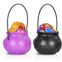 Toyanuo Halloween Decor Coldren, 2pcs Mini Cauldron Candy Kettle Black & Purple Cauldron, 48pc Gem & Gold Coin (2PC/Set)
