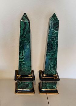 Statement Pair! Vintage 20" Faux Malachite Obelisks - No Chips