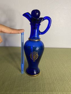 Vintage Avon Cobalt Blue Glass Decanter Bottle Cruet Gold Trim with Stopper