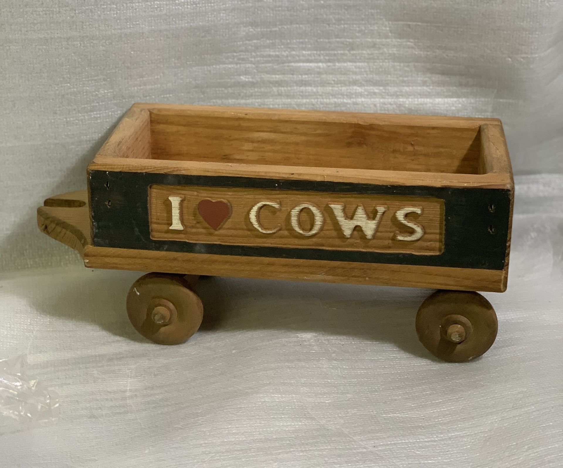 Vintage 1980s Handcrafted Wooden Wagon Doll Prop w/ Heart & Cow Design 15”Rustic
