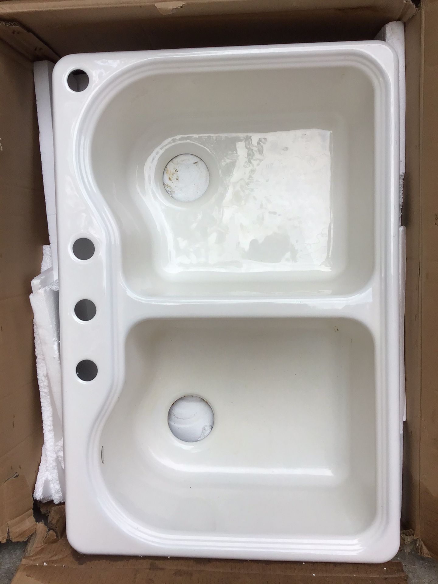 Kohler Drop in Cast Iron double bowl 4 hole kitchen sink 33”x22”x8”