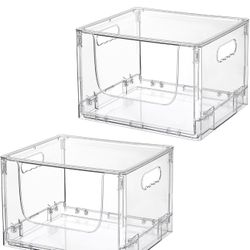 Vtopmart 2 Pack Large Foldable Open Front Storage Bins with Lids for Potato and Onion, Stackable Clear Plastic Container Organizer for Pantry, Kitchen