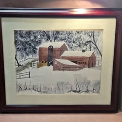 Elizabeth J. 06 Winter Barnyard Watercolor Signed