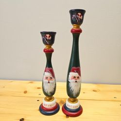 Christmas Candle Holders Hand Painted Wooded Santa Claus Folk Art

