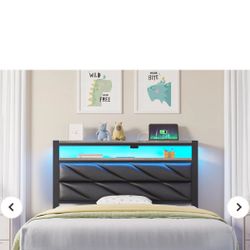  Bed Frame Twin Size with Charging Station, LED Bed with Upholstered Storage Headboard, Metal Platform Bed with Under Bed Storage, No Box Spring Neede