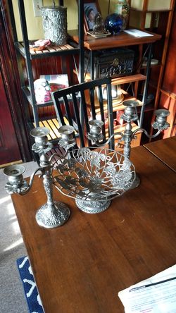 ANTIQUE PEWTER CANDLE SCONCES & Center bowl SET OF 3