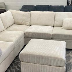 New 99x99 Corduroy Sectional Couch With Ottoman / Free Delivery 