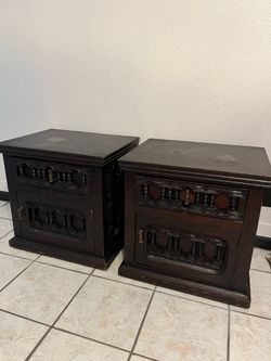 Antique Spanish Revival Carved Oak Nightstands End Tables – Matching Pair – 22” x 22”