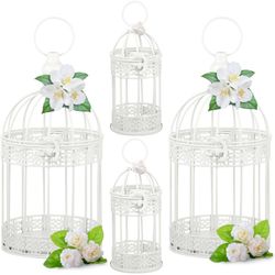 Sliner 4 Pcs Bird Cage Decorative Candle Holder Vintage Candle Holder Cage Lanterns Wood Cage Base Model for Modern Table House Home Decoration (White