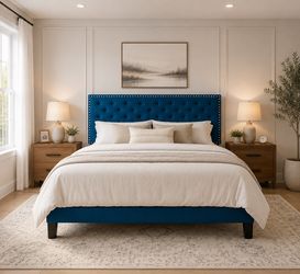 Nailhead Trim Headboard Navy Blue Full Size Bed Frame