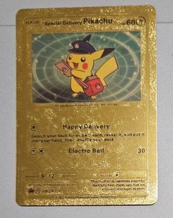 Pikachu Happy Delivery Gold Metal Foil Pokemon Card Fan Art Display Card
