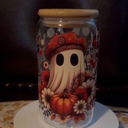 16 oz Glass Cup With Bamboo Lid and Glass Straw- Fall Ghost   With straw and straw cleaner