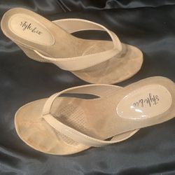 Tan Paten Wedge Sandals