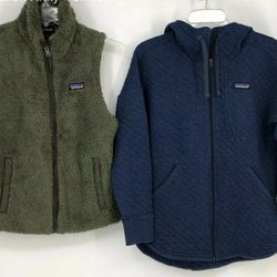 Patagonia Green Vest/ Blue Hooded Fleece Jacket Coat Lot of 2 - Size S