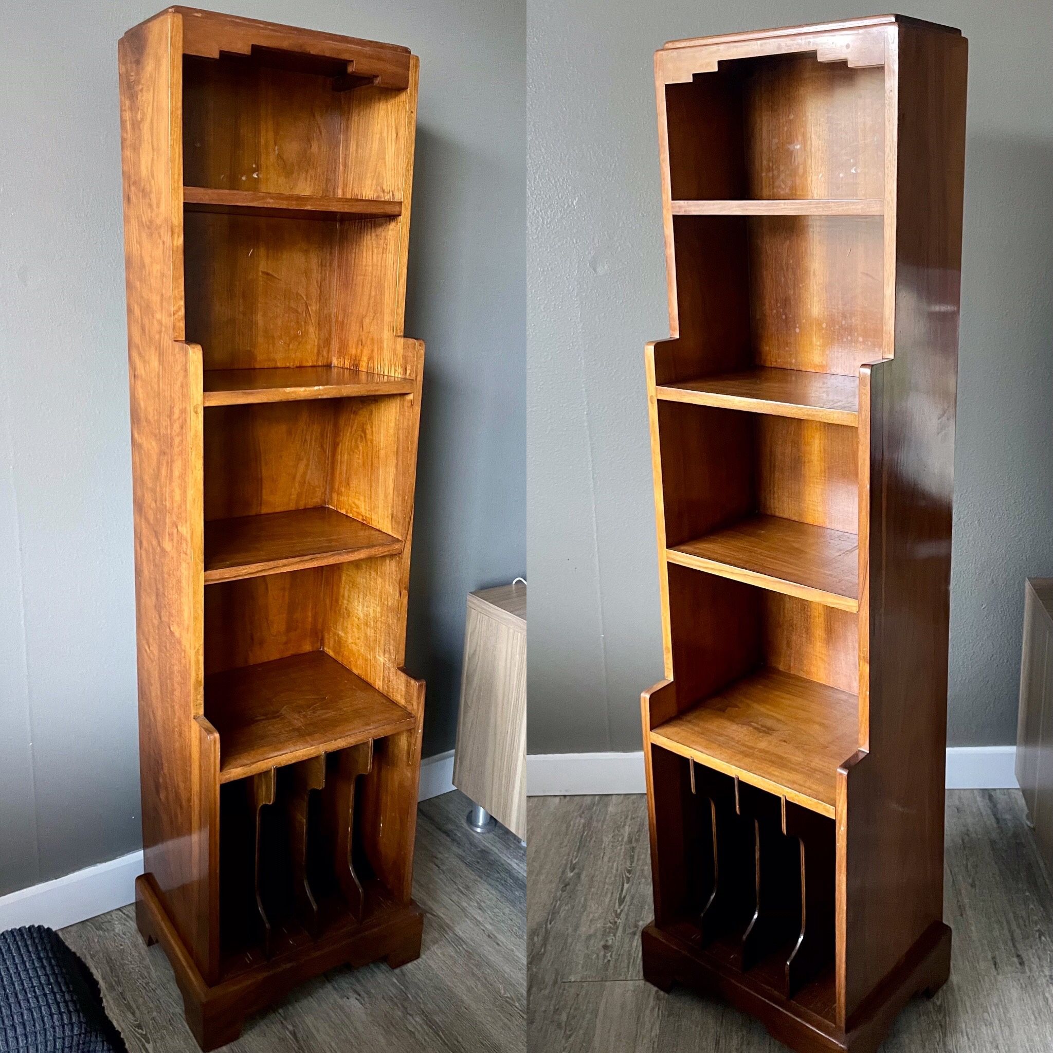 GORGEOUS Solid Walnut ART DECO Style Skyscraper Bookcase & Vinyl Record Storage. 58x16x12