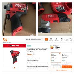 Tool Sale! Milwaukee M12 FUEL Brushless Cordless 1/4 in. Hex Impact Driver & LED Work Flashlight (tools only) 