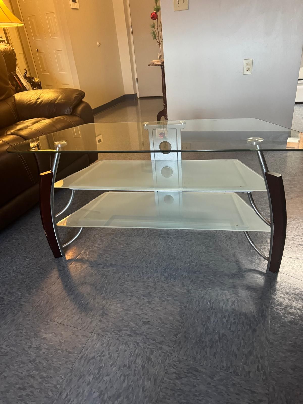 Glass TV and living room table set, and a desk
