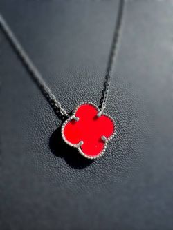 Jewelry 925 sterling silver Van cleef style Red clover shape necklace 20” 1mm
