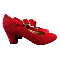 Women’s Red Suede T-Strap Mary Jane Heels Size 11.5 US EU 45 Block Heel Shoes