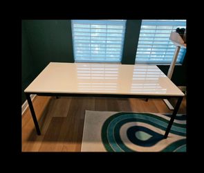 CB2 Modern White Lacquer Top Dining Table or Desk Multipurpose with black metal legs