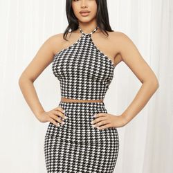 SEXY Elegant Houndstooth Print Backless Halter Top & Bodycon