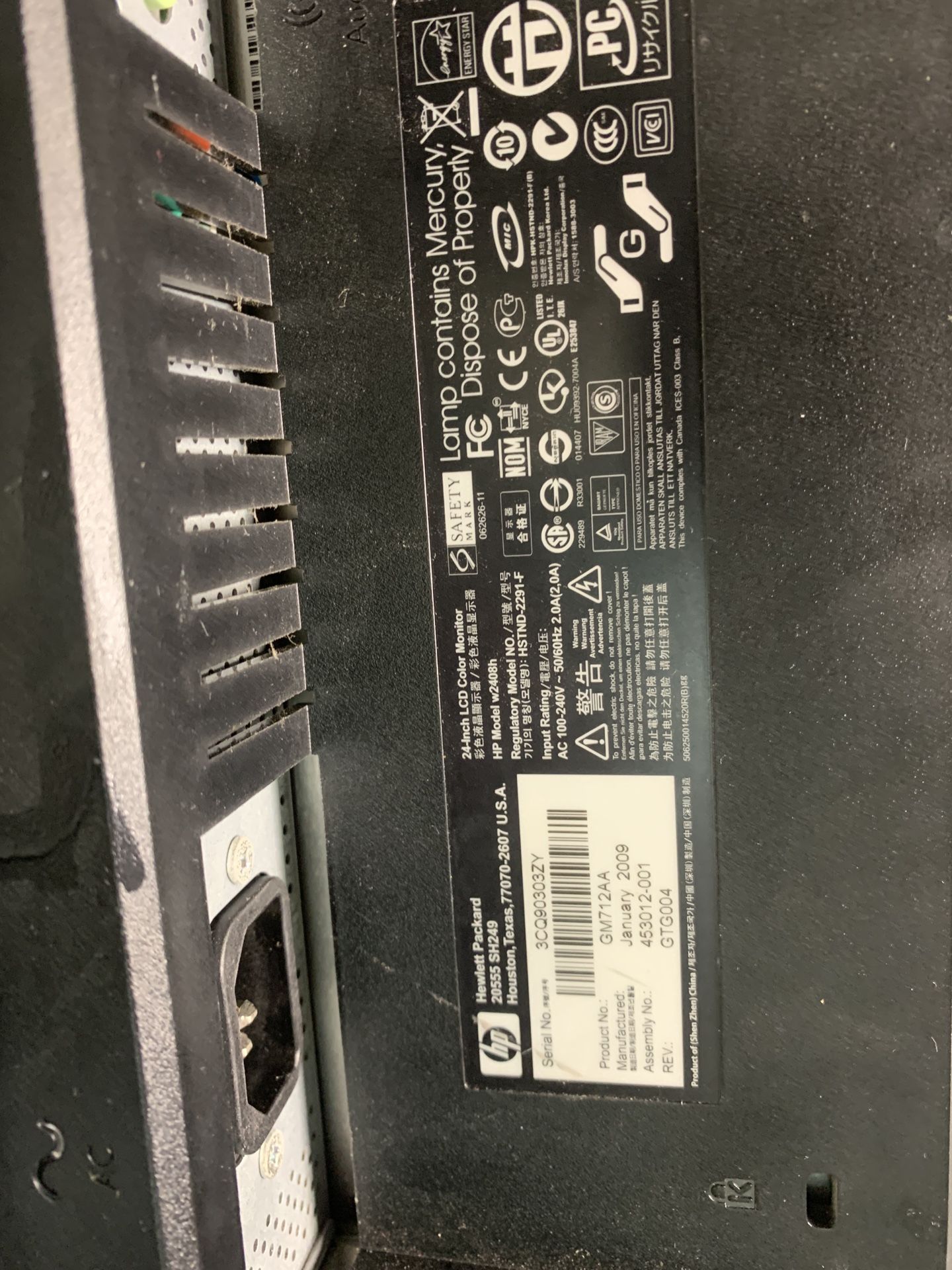 24 Inch LCD Color Monitor Hp Model W2408H