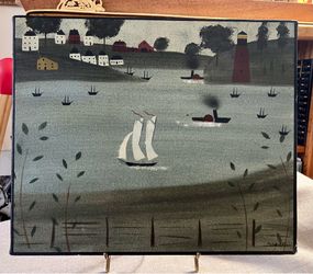 Folk Art Coastal Harbor Painting