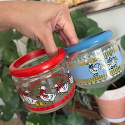 2 Vintage Glass Blue and Red Ribbon Geese Jars Maylasia no lids 