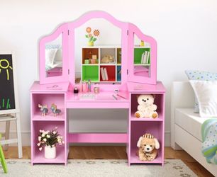 Pink Vanity Table Set Makeup Dressing Kids Girls Study Table Tri Folding Mirror Playard