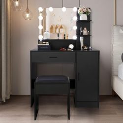 Black Vanity Desk with Lighted Mirror And Cushioned Stool