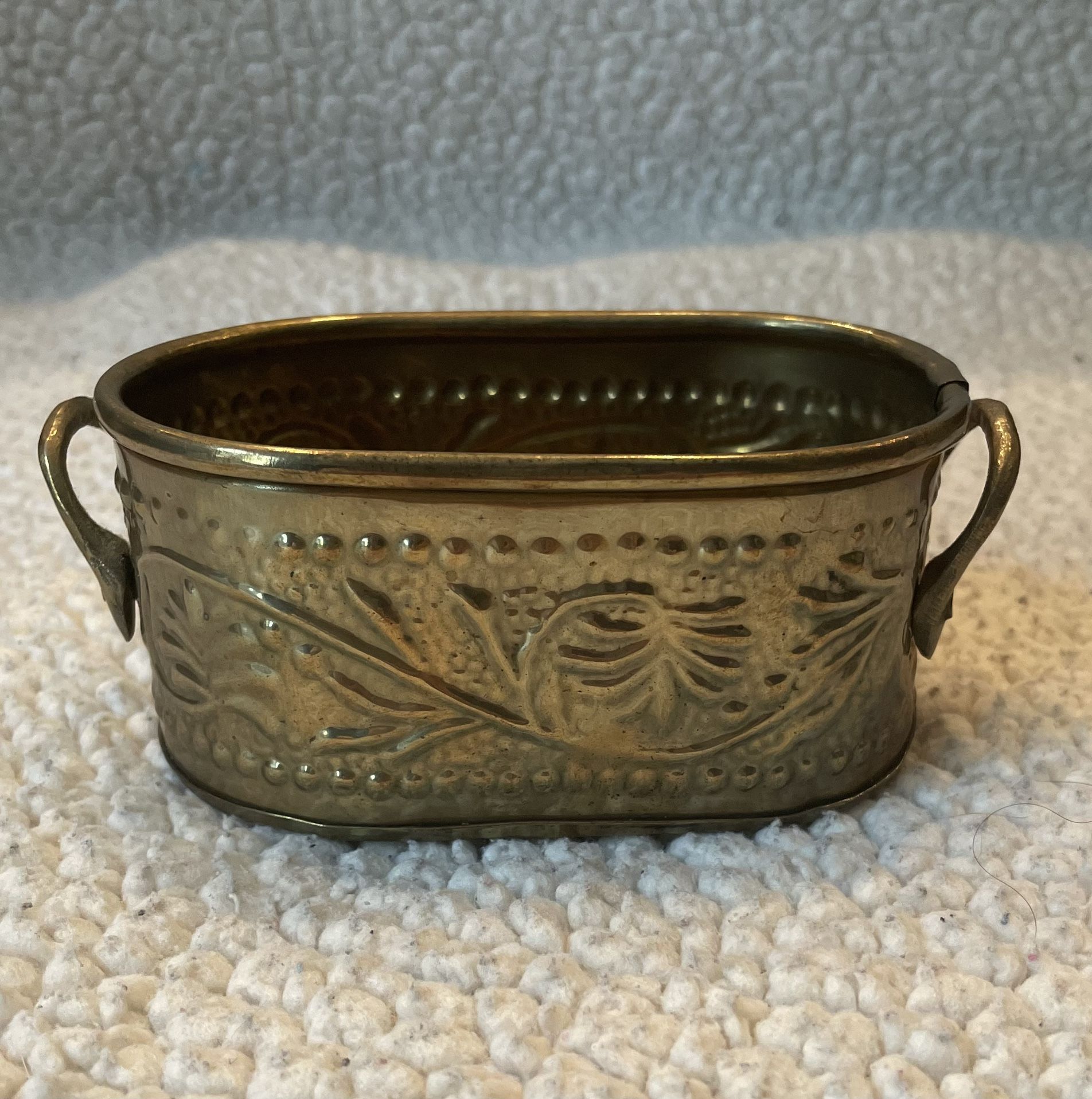 Vintage Solid Brass Decorative Hammered Oval Bowl With Handles Made in India