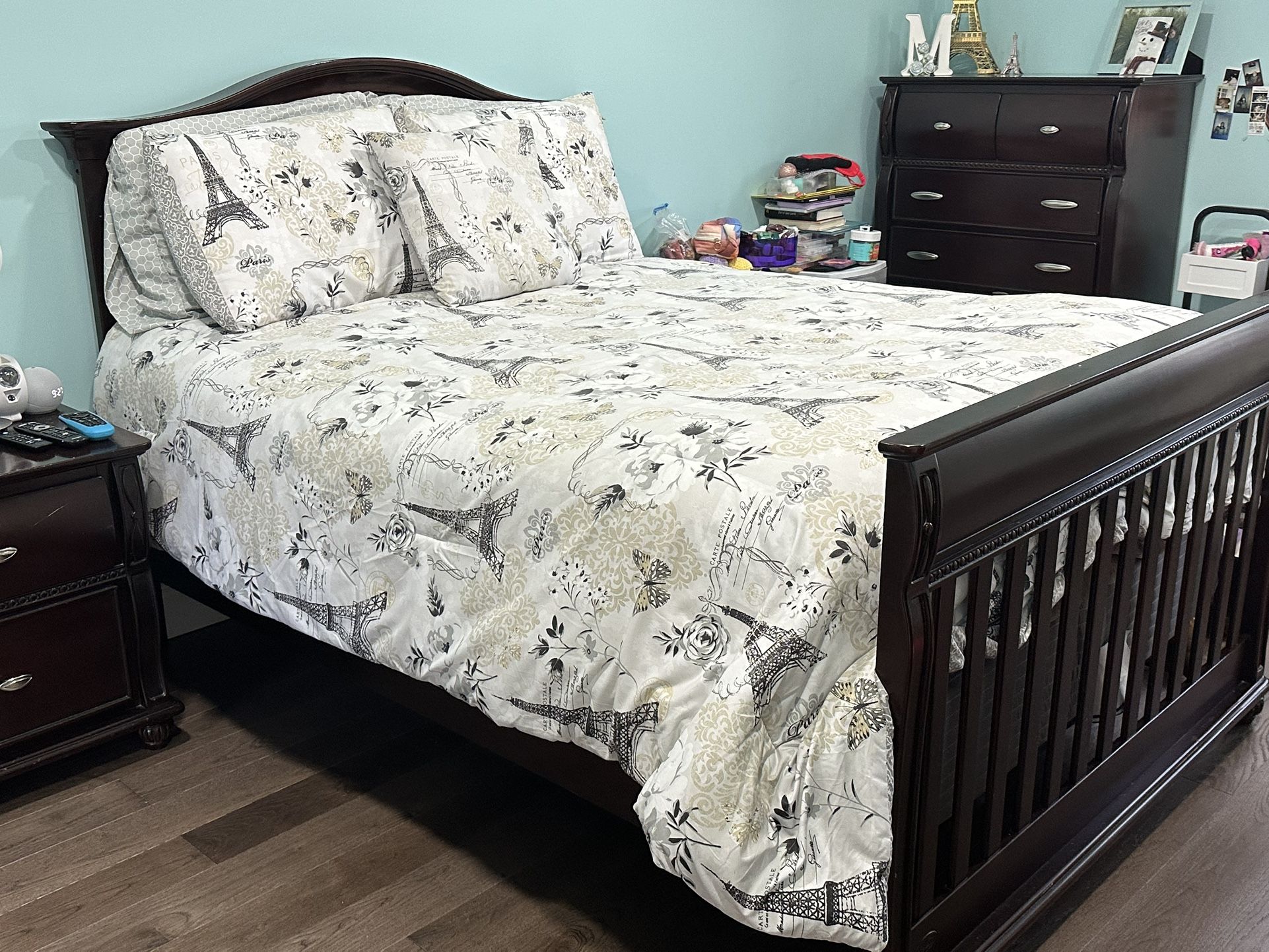 Full size bed with mattress and box spring (can convert to crib)