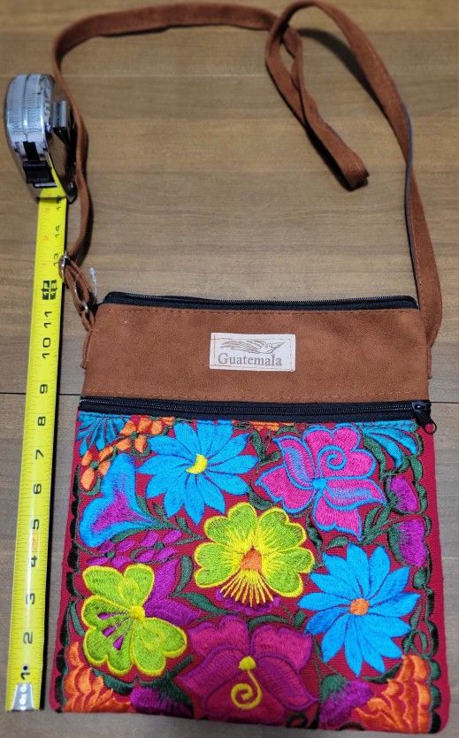 CrossBody BAG Guatemala Embroidered PURSE Bright Floral Colors & Brown, Suede Leather?